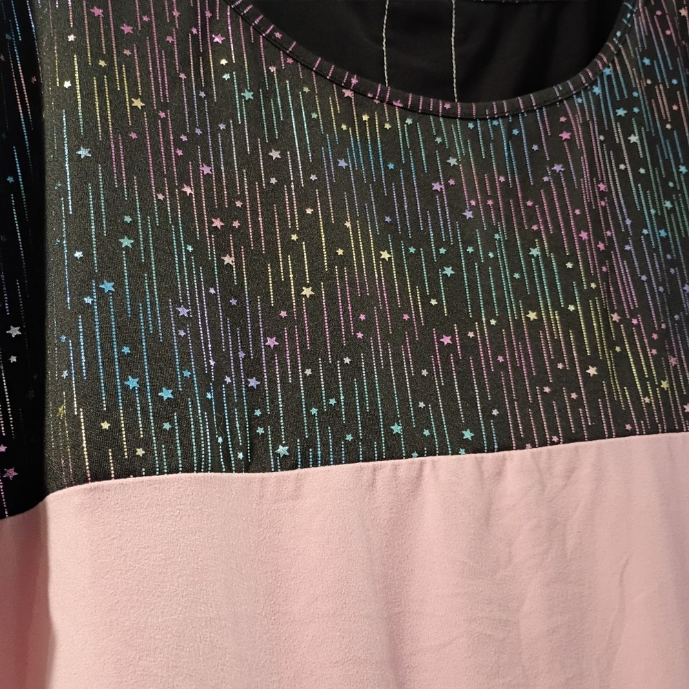 Shein Curve Blouse 1XL Short Sleeve Color Star Stripe Pink Black White Lace EUC - Picture 3 of 5